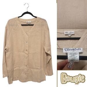 Chevalier 100% Vintage Linen Button Front Blouse | Neutral Beige | Size Medium